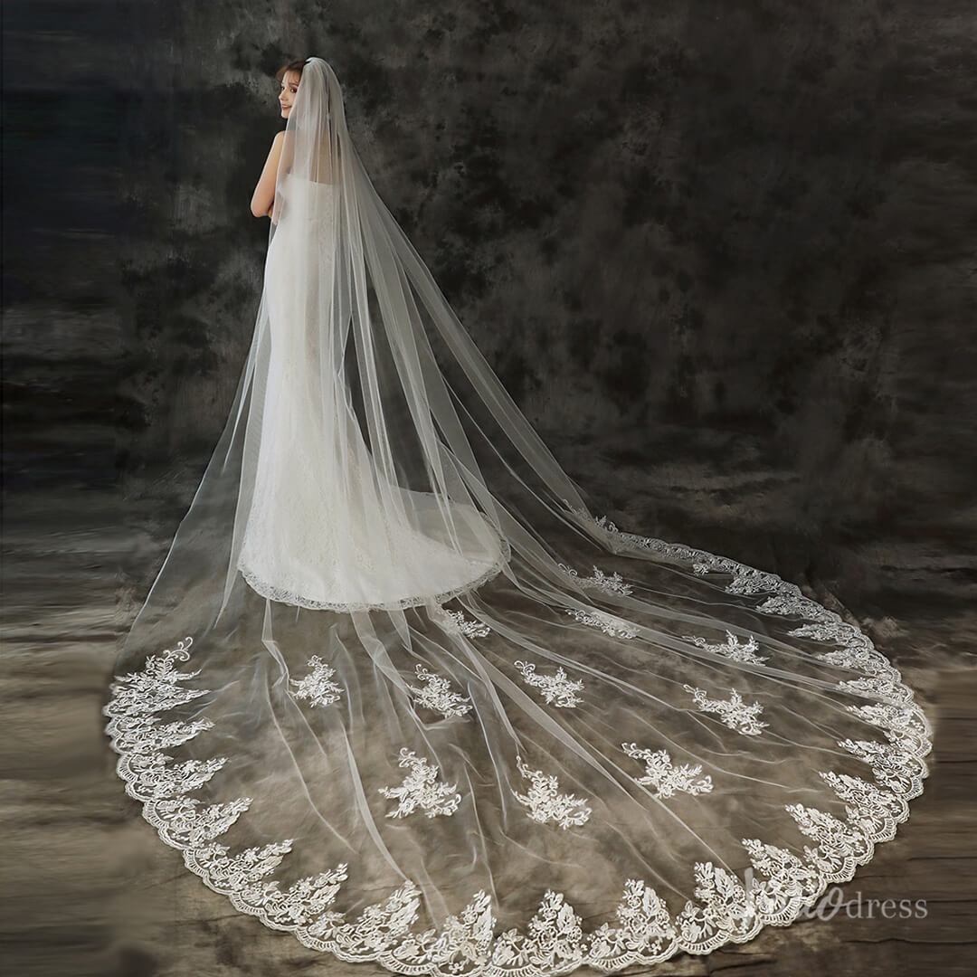 Vintage 1 Tier Lace Cathedral Veil Viniodress TS1925-Bridal Veil 2025 -Viniodress-Ivory-