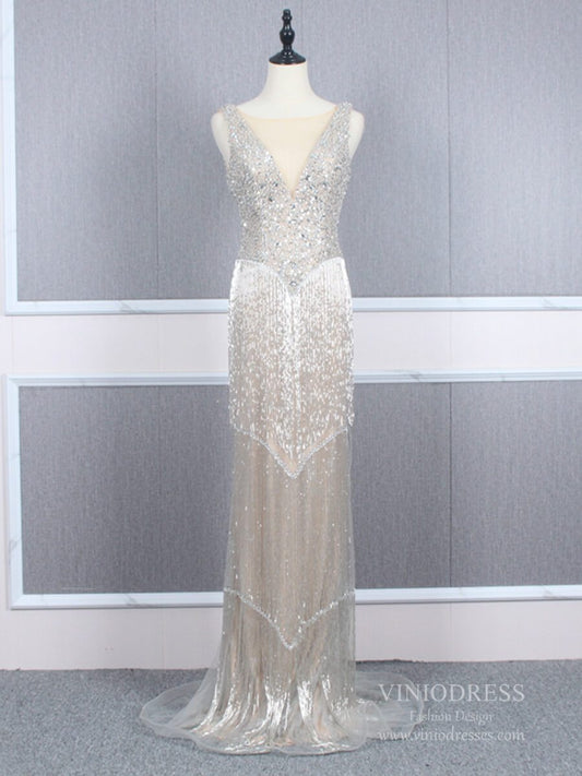 Prom Dress 2025 Vintage 20s Gatsby Party Dress Beaded Silver Flapper Dresses FD2463-unique prom dresses-Silver-US 2-Viniodress