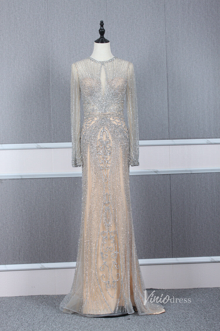 Vintage 20s Party Dress Long Formal Evening Dress FD1395 Long Sleeve-prom dresses-Viniodress-Champagne-US 2-Viniodress