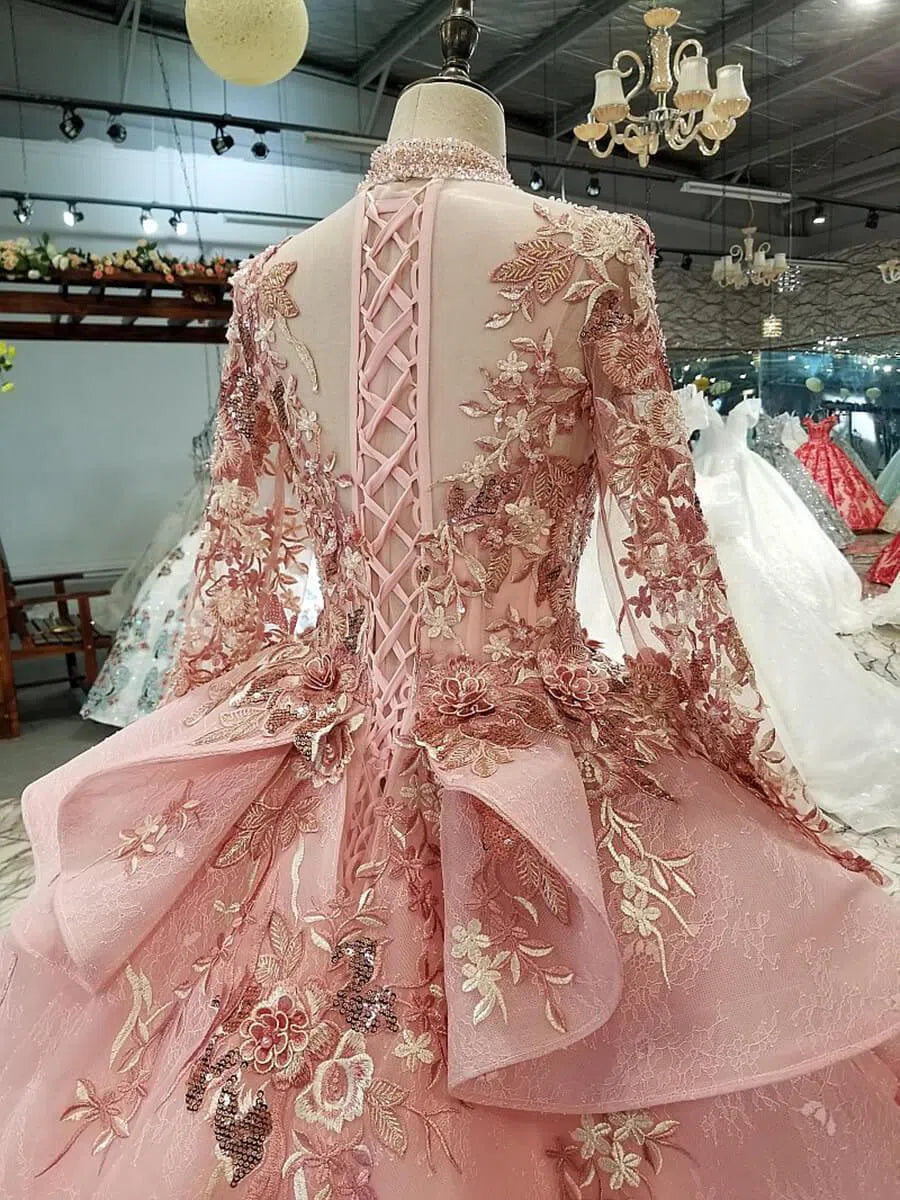 Vintage 3D Floral Quinceanera Dresses Beaded Pink Lace Prom Dress FD1123-prom dresses-Viniodress-Viniodress