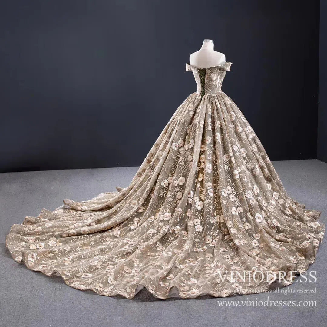 Vintage 3D Floral Sweet 16 Dress Off the Shoulder Quinceanera Dresses FD1998 viniodress-prom dresses 2025 -Viniodress-As Picture-Custom Size-