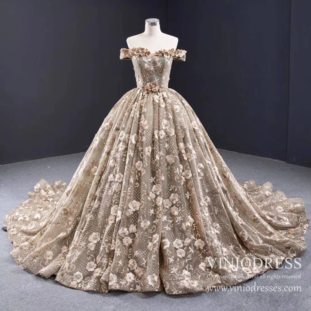 Vintage 3D Floral Sweet 16 Dress Off the Shoulder Quinceanera Dresses FD1998 viniodress-prom dresses 2025 -Viniodress-As Picture-Custom Size-