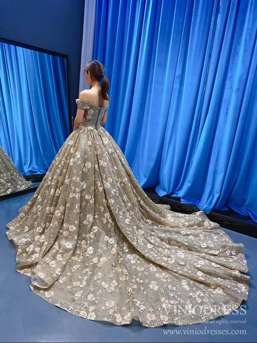 Vintage 3D Floral Sweet 16 Dress Off the Shoulder Quinceanera Dresses FD1998 viniodress-prom dresses 2025 -Viniodress-As Picture-Custom Size-