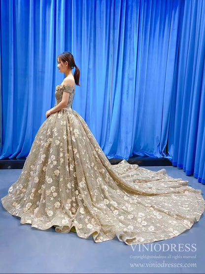 Vintage 3D Floral Sweet 16 Dress Off the Shoulder Quinceanera Dresses FD1998 viniodress-prom dresses 2025 -Viniodress-As Picture-Custom Size-