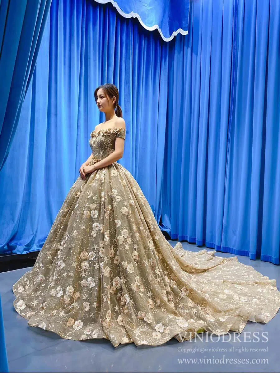 Vintage 3D Floral Sweet 16 Dress Off the Shoulder Quinceanera Dresses FD1998 viniodress-prom dresses 2025 -Viniodress-As Picture-Custom Size-