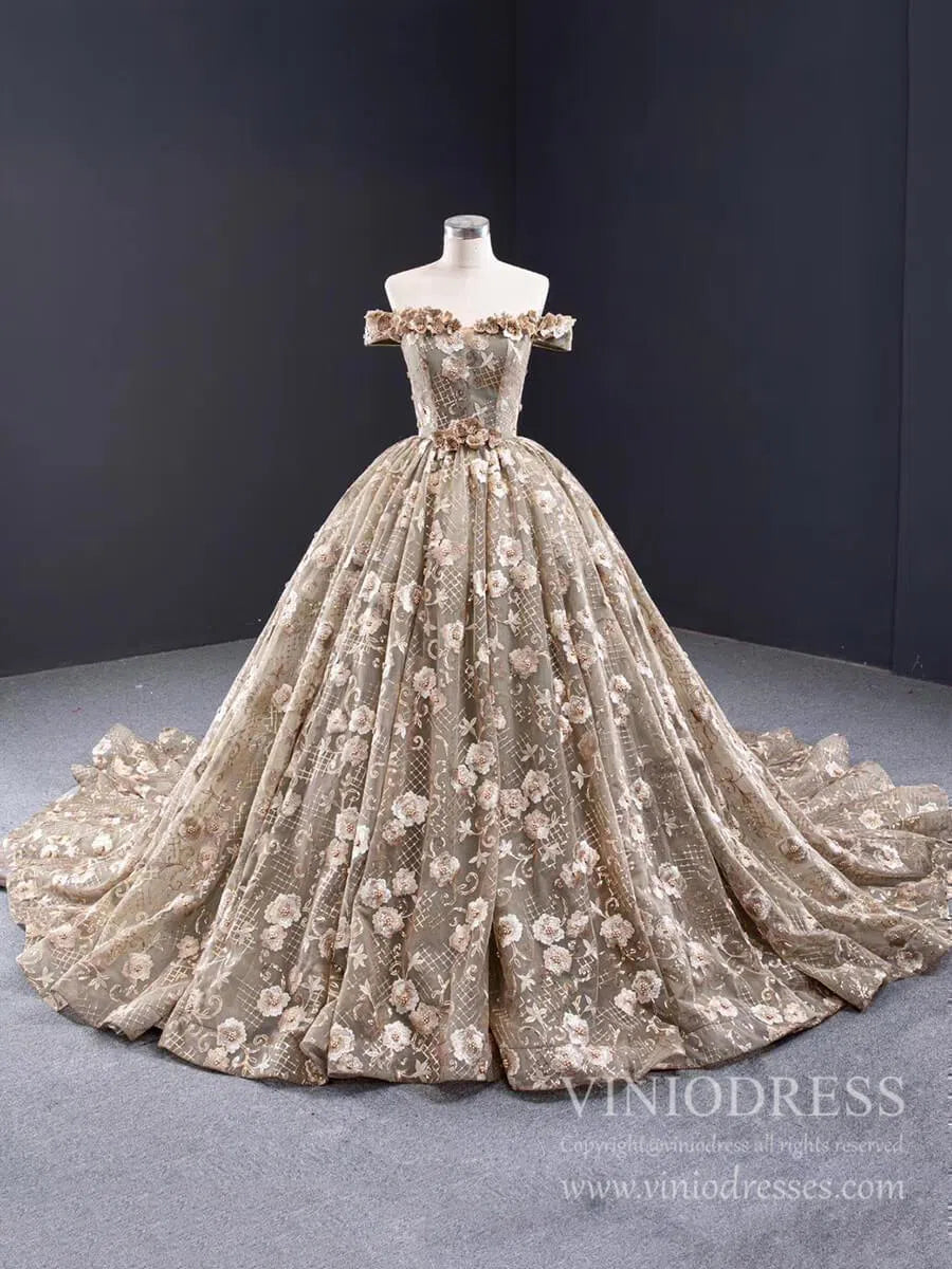 Vintage 3D Floral Sweet 16 Dress Off the Shoulder Quinceanera Dresses FD1998 viniodress-prom dresses 2025 -Viniodress-As Picture-Custom Size-