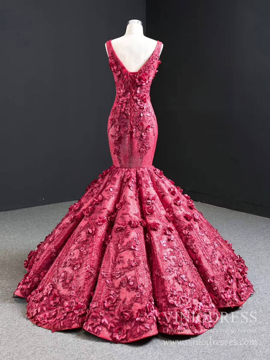 Vintage 3D Flower Mermaid Prom Dresses Burgundy Wedding Dress FD2399 viniodress-prom dresses 2025 -Viniodress-Burgundy-Custom Size-No