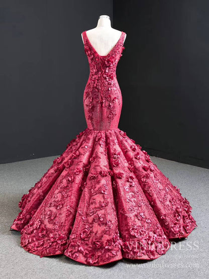 Vintage 3D Flower Mermaid Prom Dresses Burgundy Wedding Dress FD2399 viniodress-prom dresses 2025 -Viniodress-Burgundy-Custom Size-No