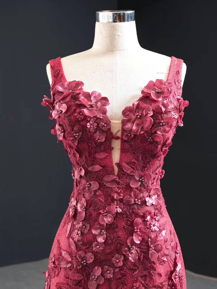 Vintage 3D Flower Mermaid Prom Dresses Burgundy Wedding Dress FD2399 viniodress-prom dresses 2025 -Viniodress-Burgundy-Custom Size-No