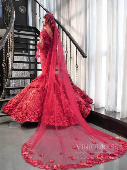 Vintage 3D Flower Mermaid Prom Dresses Burgundy Wedding Dress FD2399 viniodress-prom dresses 2025 -Viniodress-Burgundy-Custom Size-No