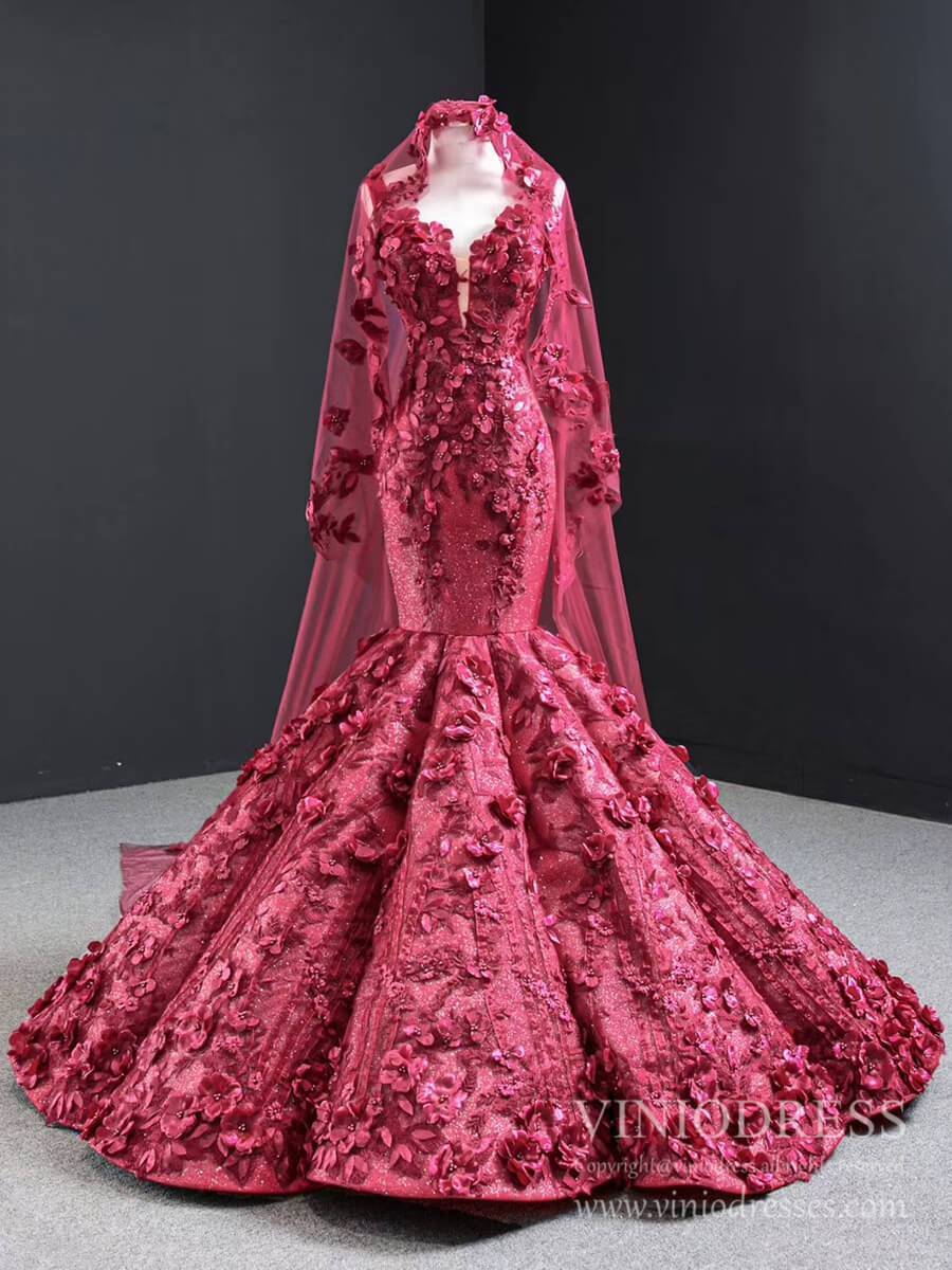 Vintage 3D Flower Mermaid Prom Dresses Burgundy Wedding Dress FD2399 viniodress-prom dresses 2025 -Viniodress-Burgundy-Custom Size-No