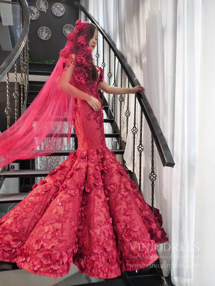 Vintage 3D Flower Mermaid Prom Dresses Burgundy Wedding Dress FD2399 viniodress-prom dresses 2025 -Viniodress-Burgundy-Custom Size-No