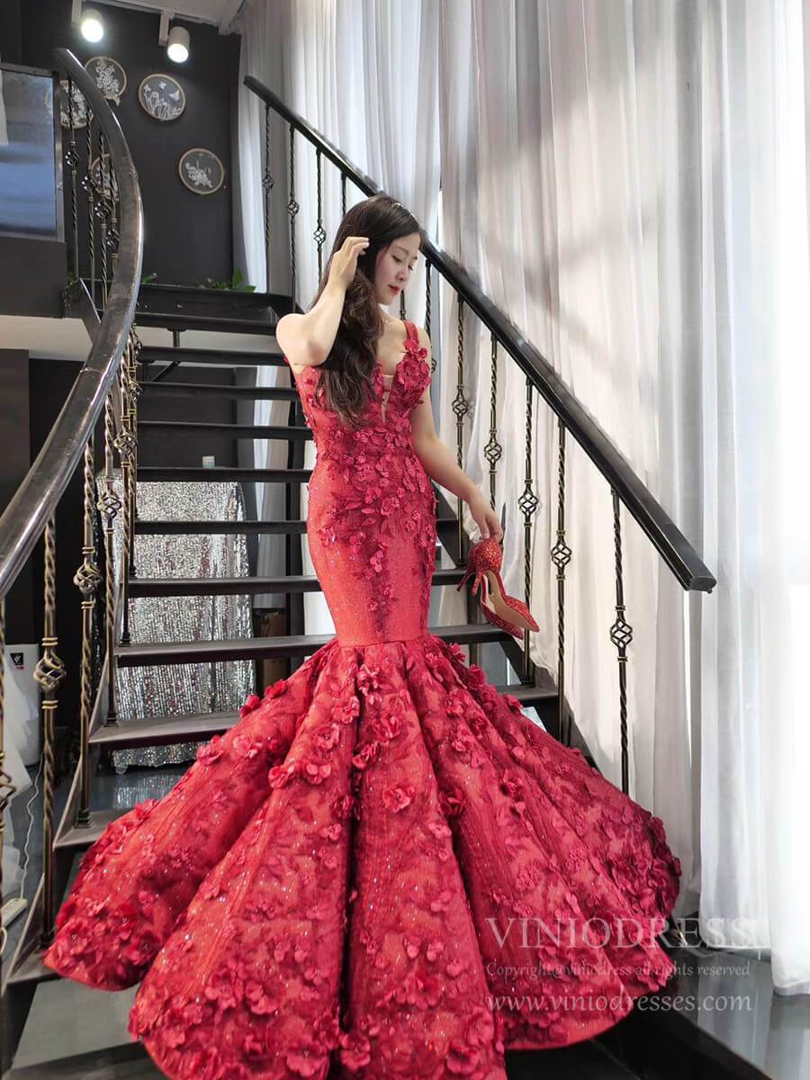 Vintage 3D Flower Mermaid Prom Dresses Burgundy Wedding Dress FD2399 viniodress-prom dresses 2025 -Viniodress-Burgundy-Custom Size-No