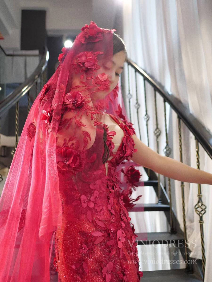 Vintage 3D Flower Mermaid Prom Dresses Burgundy Wedding Dress FD2399 viniodress-prom dresses 2025 -Viniodress-Burgundy-Custom Size-No