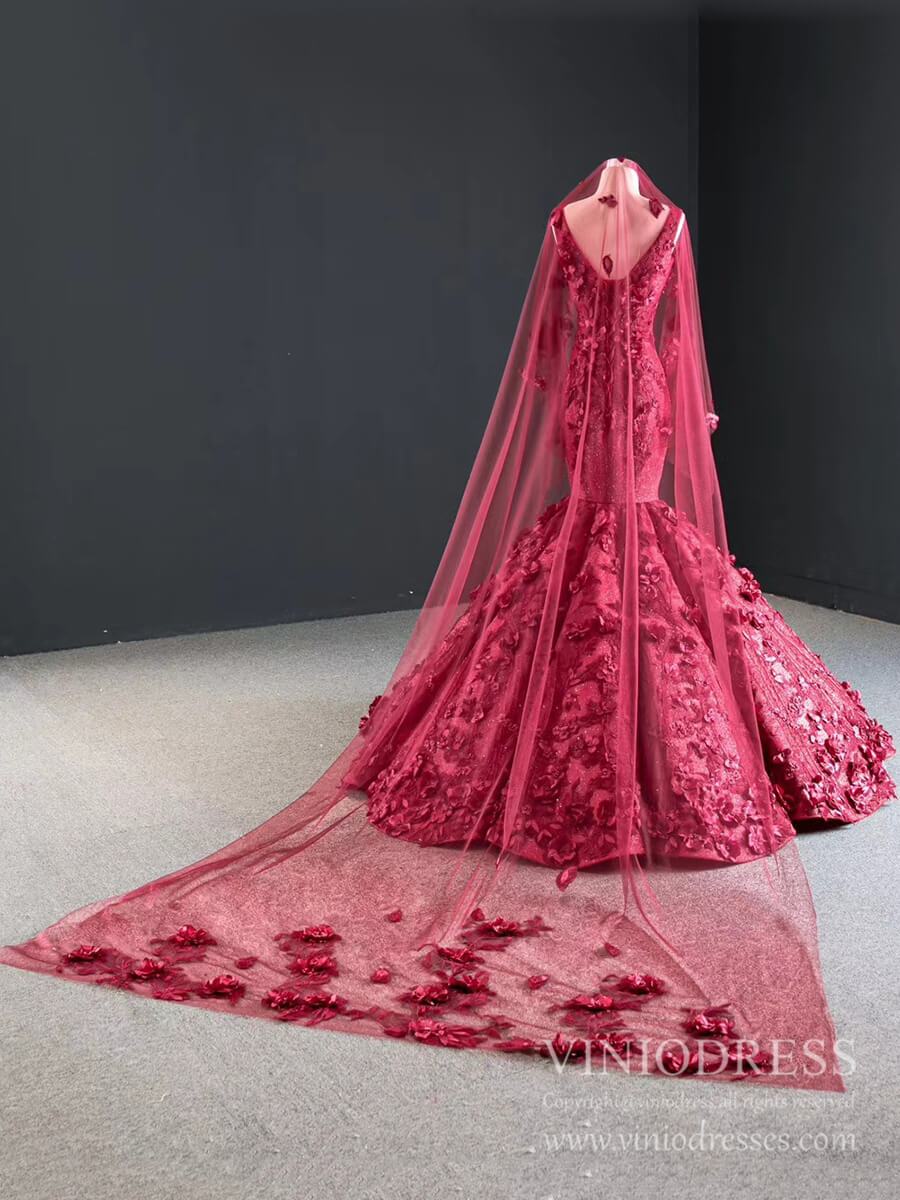 Vintage 3D Flower Mermaid Prom Dresses Burgundy Wedding Dress FD2399 viniodress-prom dresses 2025 -Viniodress-Burgundy-Custom Size-No