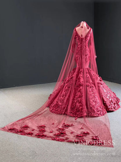 Vintage 3D Flower Mermaid Prom Dresses Burgundy Wedding Dress FD2399 viniodress-prom dresses 2025 -Viniodress-Burgundy-Custom Size-No