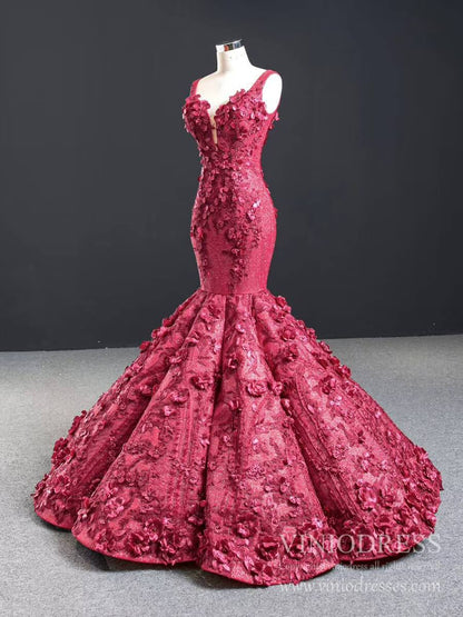 Vintage 3D Flower Mermaid Prom Dresses Burgundy Wedding Dress FD2399 viniodress-prom dresses 2025 -Viniodress-Burgundy-Custom Size-No