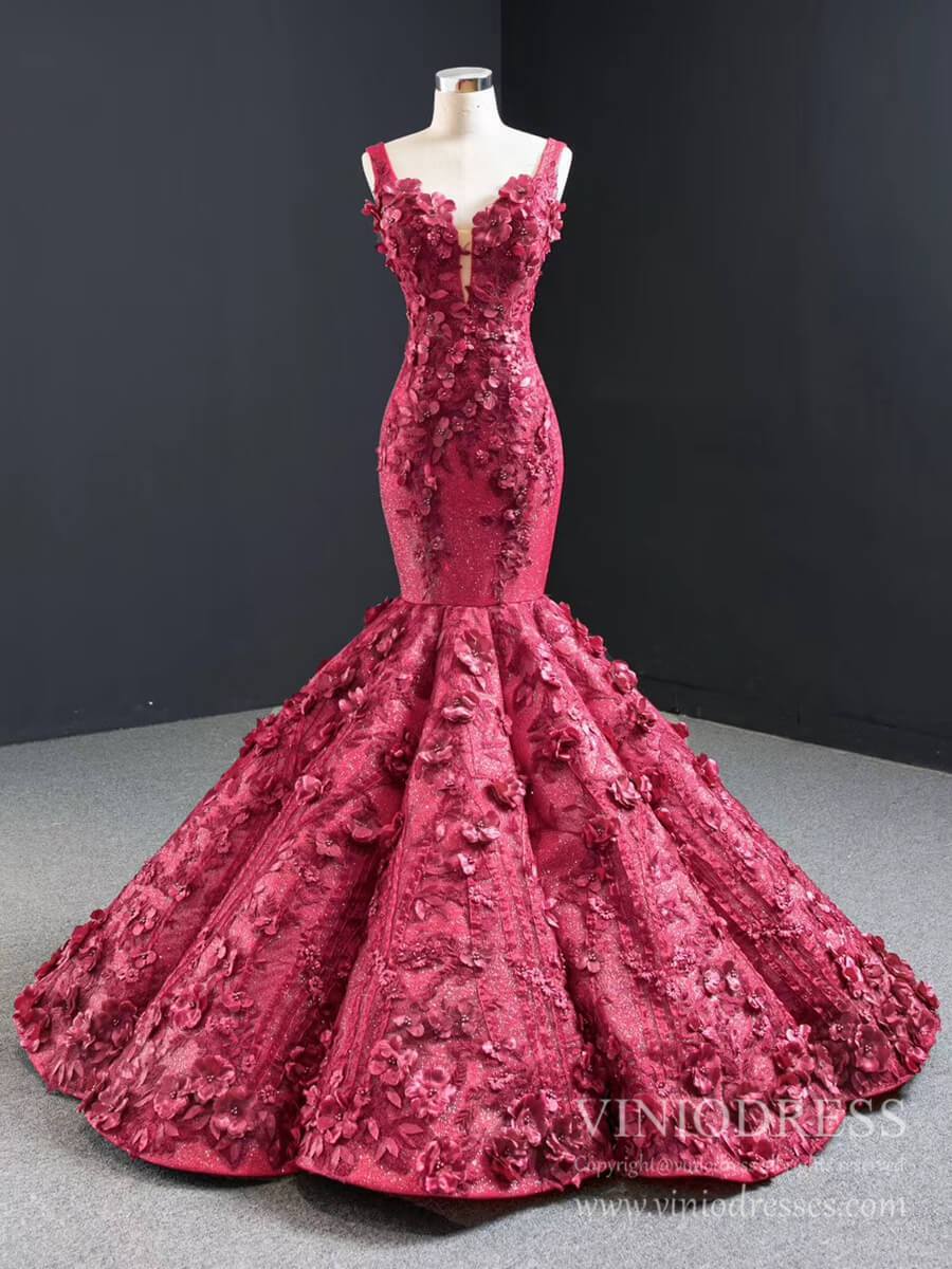 Vintage 3D Flower Mermaid Prom Dresses Burgundy Wedding Dress FD2399 viniodress-prom dresses 2025 -Viniodress-Burgundy-Custom Size-No