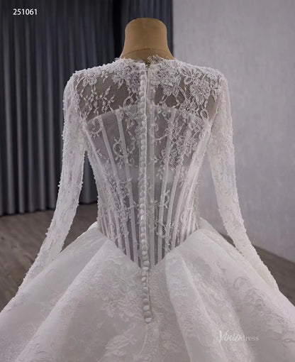 Vintage Basque Waist Ball Gown Lace Wedding Dress with Long Sleeves & V-Neck 251061-wedding dresses 2026-Viniodress-Ivory-Custom Size-
