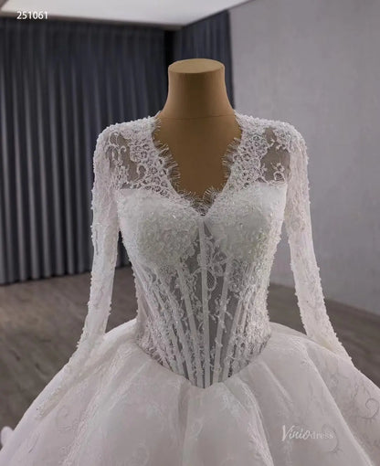 Vintage Basque Waist Ball Gown Lace Wedding Dress with Long Sleeves & V-Neck 251061-wedding dresses 2026-Viniodress-Ivory-Custom Size-