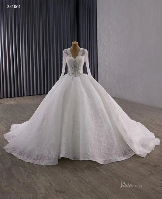 Vintage Basque Waist Ball Gown Lace Wedding Dress with Long Sleeves & V-Neck 251061-wedding dresses 2026-Viniodress-Ivory-Custom Size-