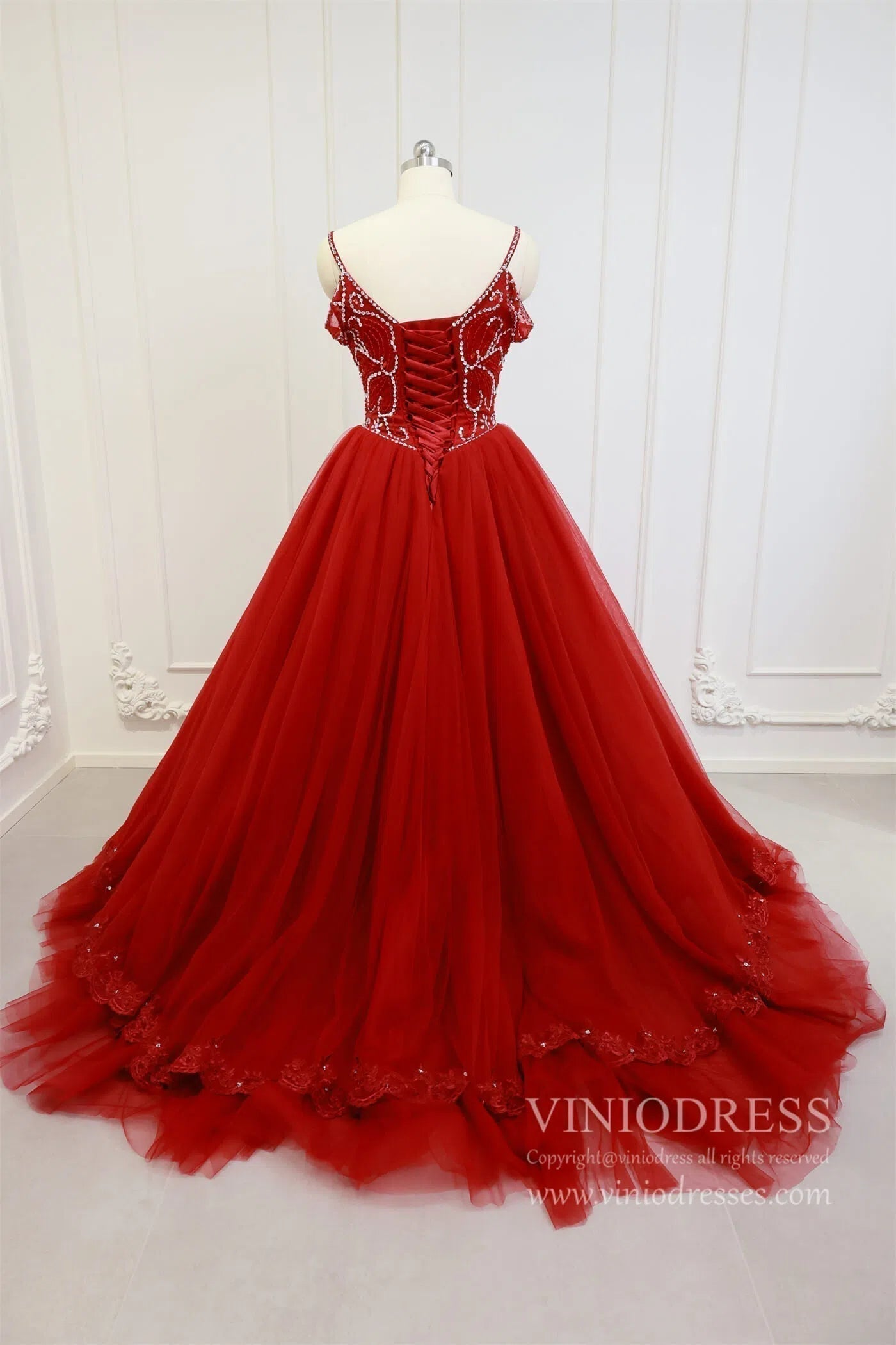 Beaded Red Quinceanera Dresses Prom Ball Gown Sweet 15 Dress FD1398-prom dresses 2025 -Viniodress-Dark Red-Custom Size-