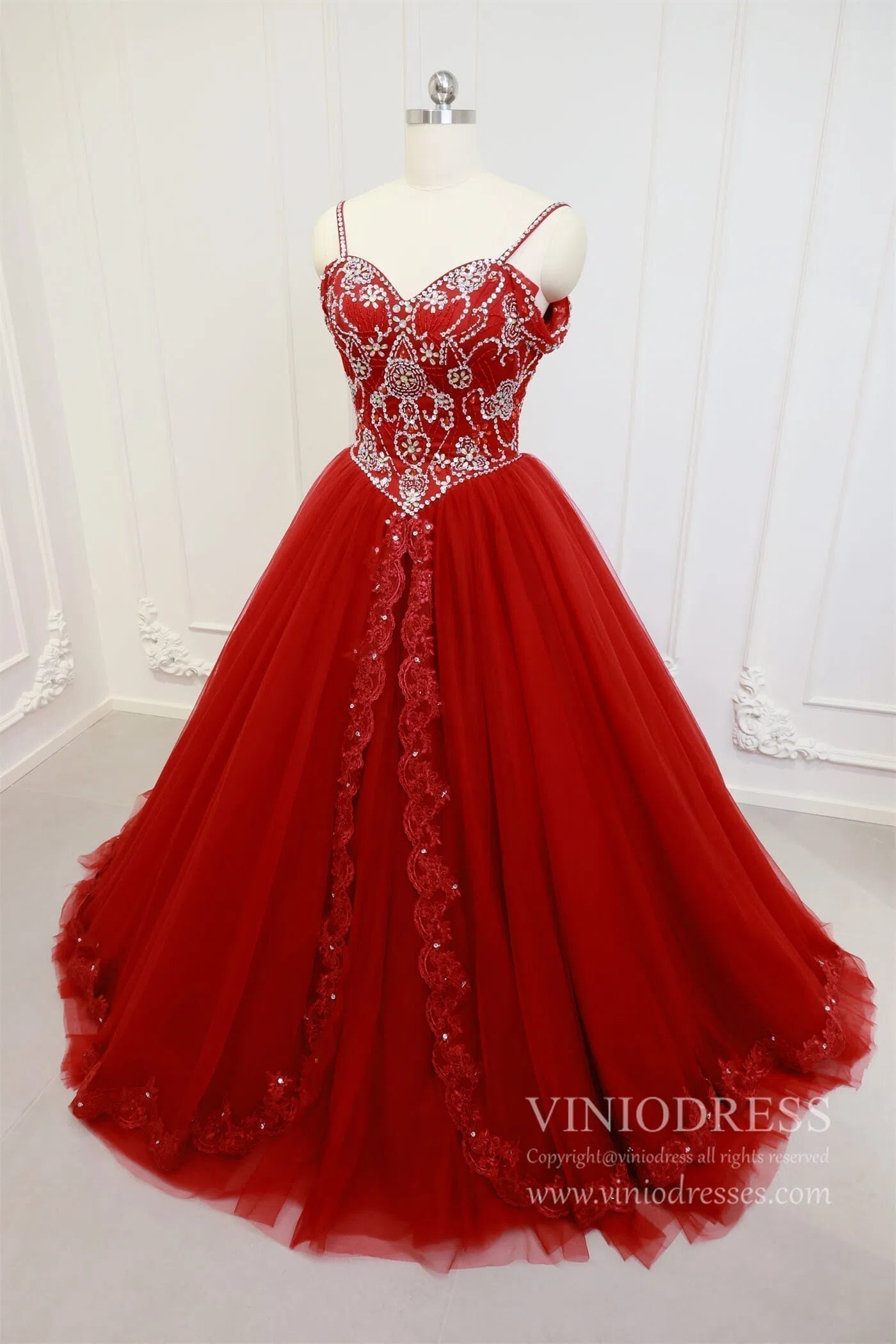 Beaded Red Quinceanera Dresses Prom Ball Gown Sweet 15 Dress FD1398-prom dresses 2025 -Viniodress-Dark Red-Custom Size-