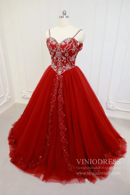 Beaded Red Quinceanera Dresses Prom Ball Gown Sweet 15 Dress FD1398-prom dresses 2025 -Viniodress-Dark Red-Custom Size-