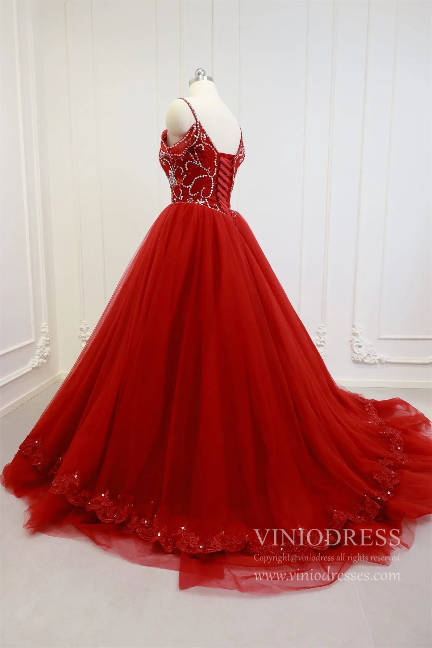 Beaded Red Quinceanera Dresses Prom Ball Gown Sweet 15 Dress FD1398-prom dresses 2025 -Viniodress-Dark Red-Custom Size-