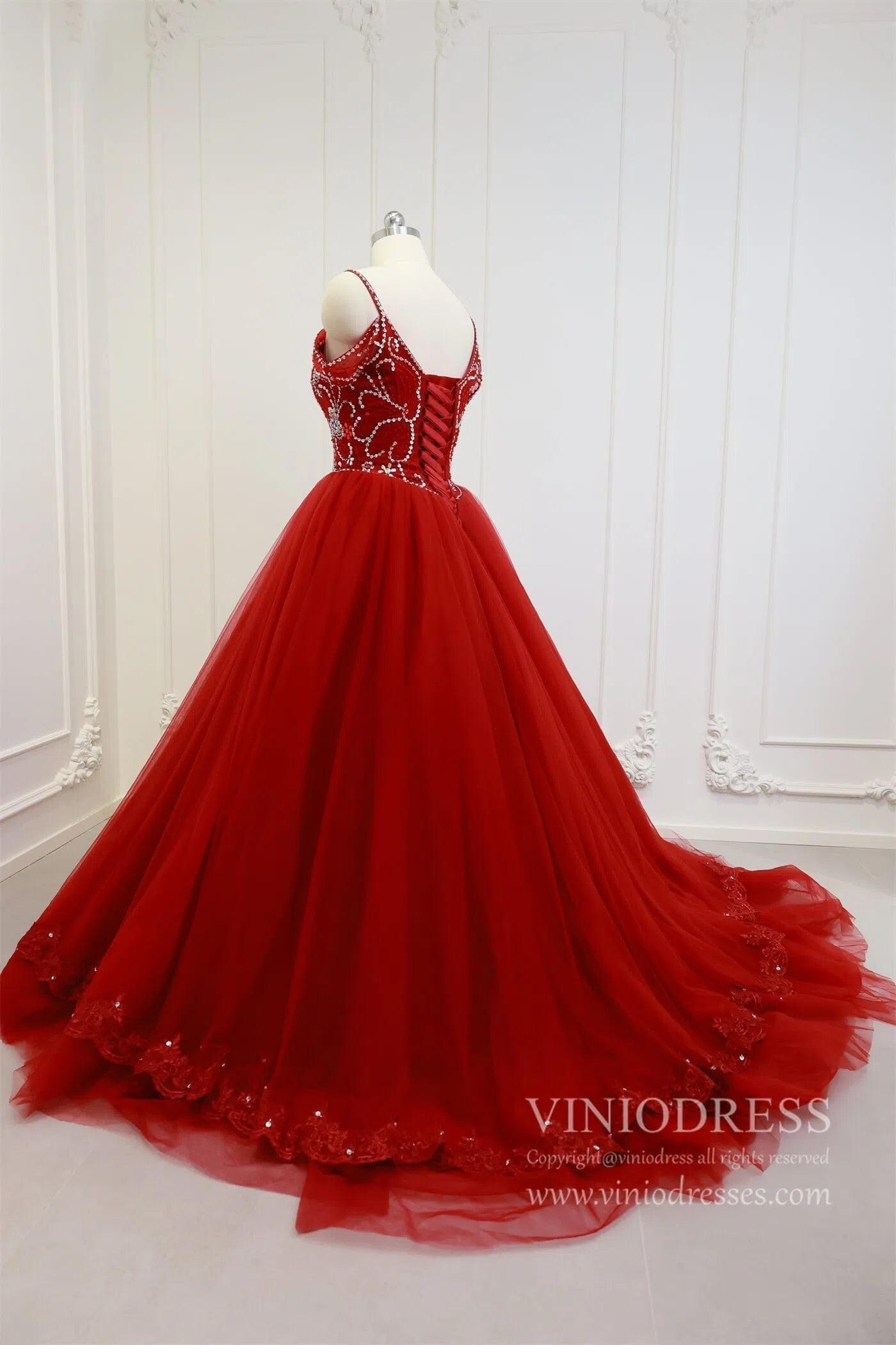 Beaded Red Quinceanera Dresses Prom Ball Gown Sweet 15 Dress FD1398-prom dresses 2025 -Viniodress-Dark Red-Custom Size-