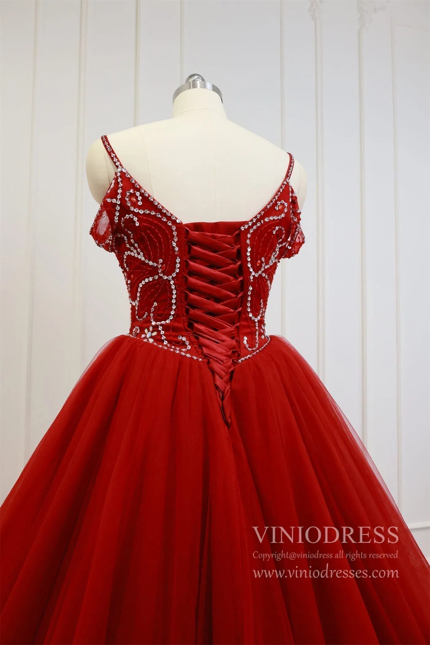 Beaded Red Quinceanera Dresses Prom Ball Gown Sweet 15 Dress FD1398-prom dresses 2025 -Viniodress-Dark Red-Custom Size-
