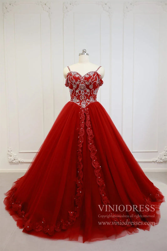 Beaded Red Quinceanera Dresses Prom Ball Gown Sweet 15 Dress FD1398-prom dresses 2025 -Viniodress-Dark Red-Custom Size-