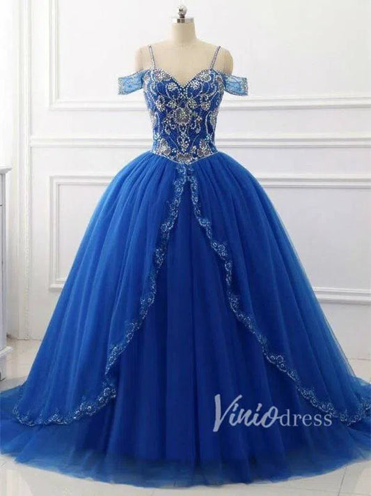 Beaded Red Quinceanera Dresses Prom Ball Gown Sweet 15 Dress FD1398-prom dresses 2025 -Viniodress-Royal Blue-Custom Size-