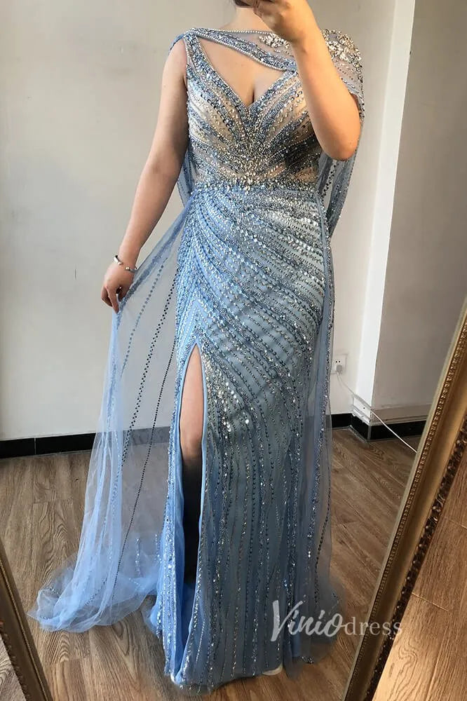 Vintage Beaded 20s Party Dress with Slit Overskirt Prom Dress FD2382-Evening Dresses 2025 -Viniodress-Blue-US 2-