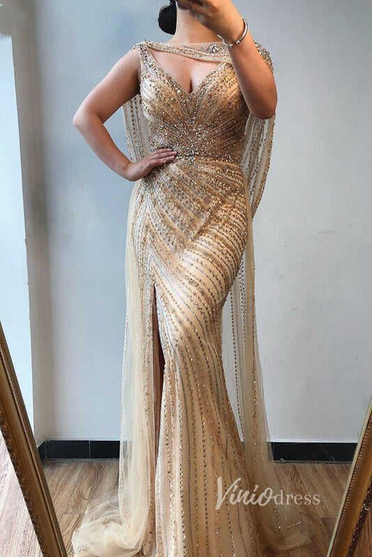 Vintage Beaded 20s Party Dress with Slit Overskirt Prom Dress FD2382-Evening Dresses 2025 -Viniodress-Gold-US 2-