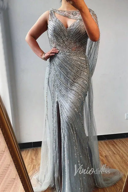 Vintage Beaded 20s Party Dress with Slit Overskirt Prom Dress FD2382-Evening Dresses 2025 -Viniodress-Grey-US 2-