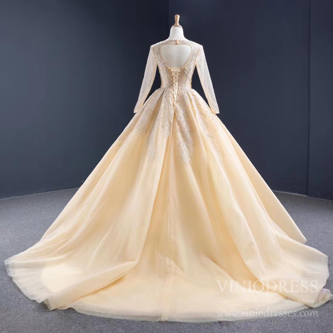 Vintage Beaded Champagne Wedding Dresses with Long Sleeves VW1571-wedding dresses 2025 -Viniodress-Champagne-Custom Size-