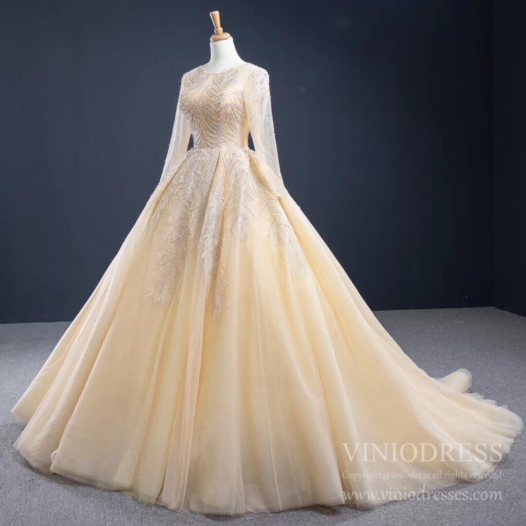 Vintage Beaded Champagne Wedding Dresses with Long Sleeves VW1571 – Viniodress Vintage Beaded Champagne Wedding Dresses with Long Sleeves VW1571 – Viniodress