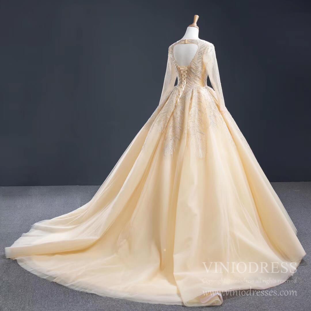 Vintage Beaded Champagne Wedding Dresses with Long Sleeves VW1571-wedding dresses 2025 -Viniodress-Champagne-Custom Size-