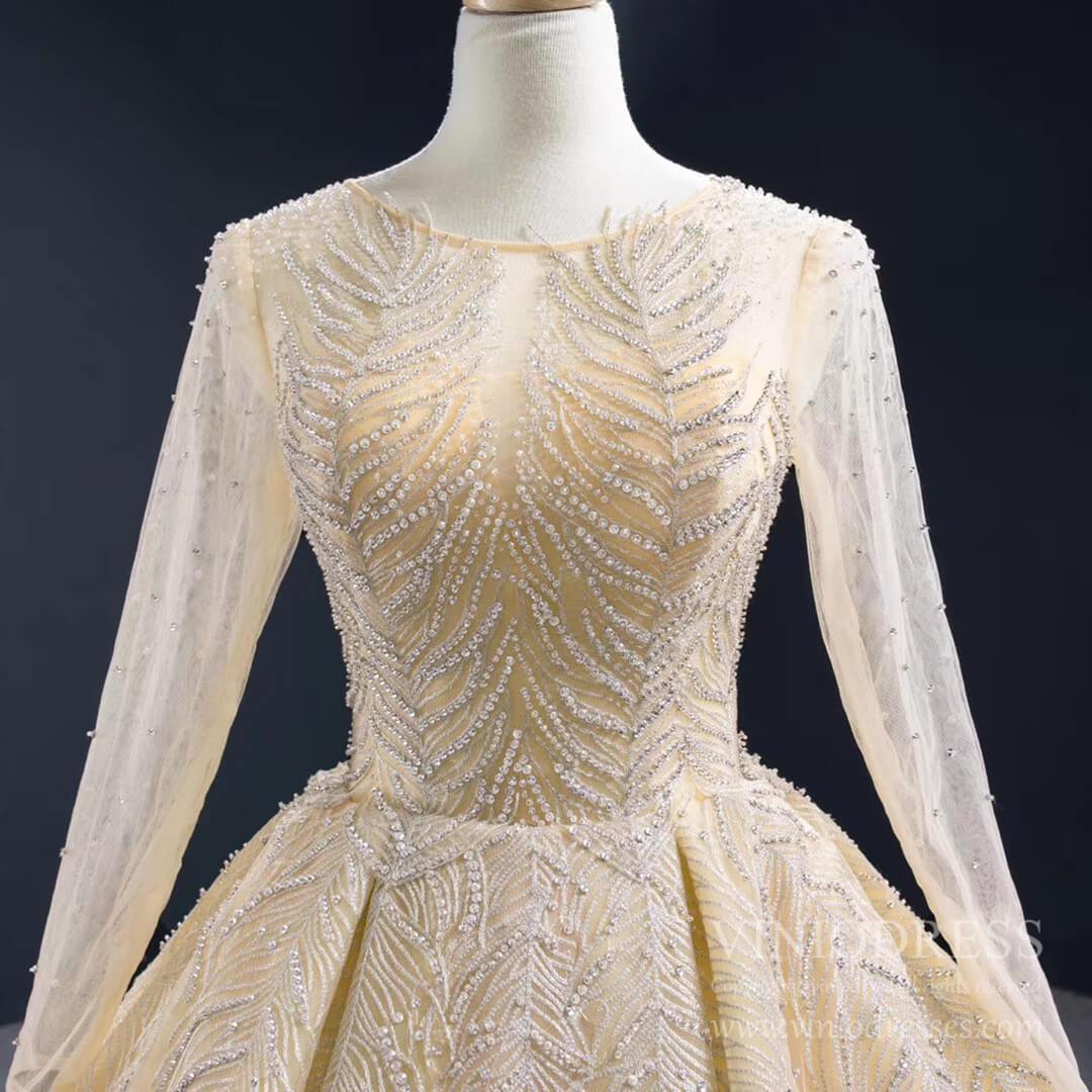 Vintage Beaded Champagne Wedding Dresses with Long Sleeves VW1571-wedding dresses 2025 -Viniodress-Champagne-Custom Size-