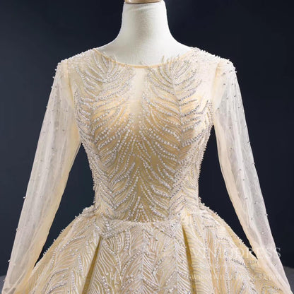 Vintage Beaded Champagne Wedding Dresses with Long Sleeves VW1571-wedding dresses 2025 -Viniodress-Champagne-Custom Size-