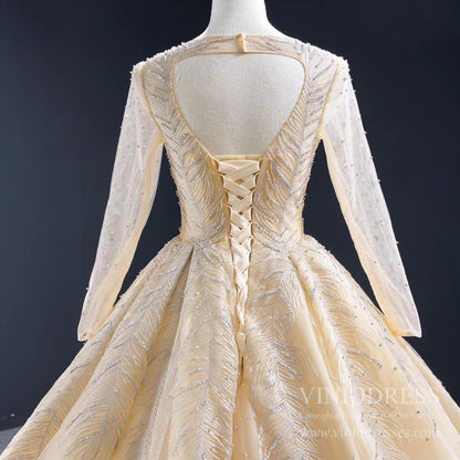 Vintage Beaded Champagne Wedding Dresses with Long Sleeves VW1571-wedding dresses 2025 -Viniodress-Champagne-Custom Size-