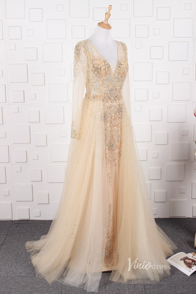 Vintage Beaded Evening Dresses Long Sleeve Overskirt Formal Dress FD2671-Evening Dresses 2025 -Viniodress-Champagne-US 2-
