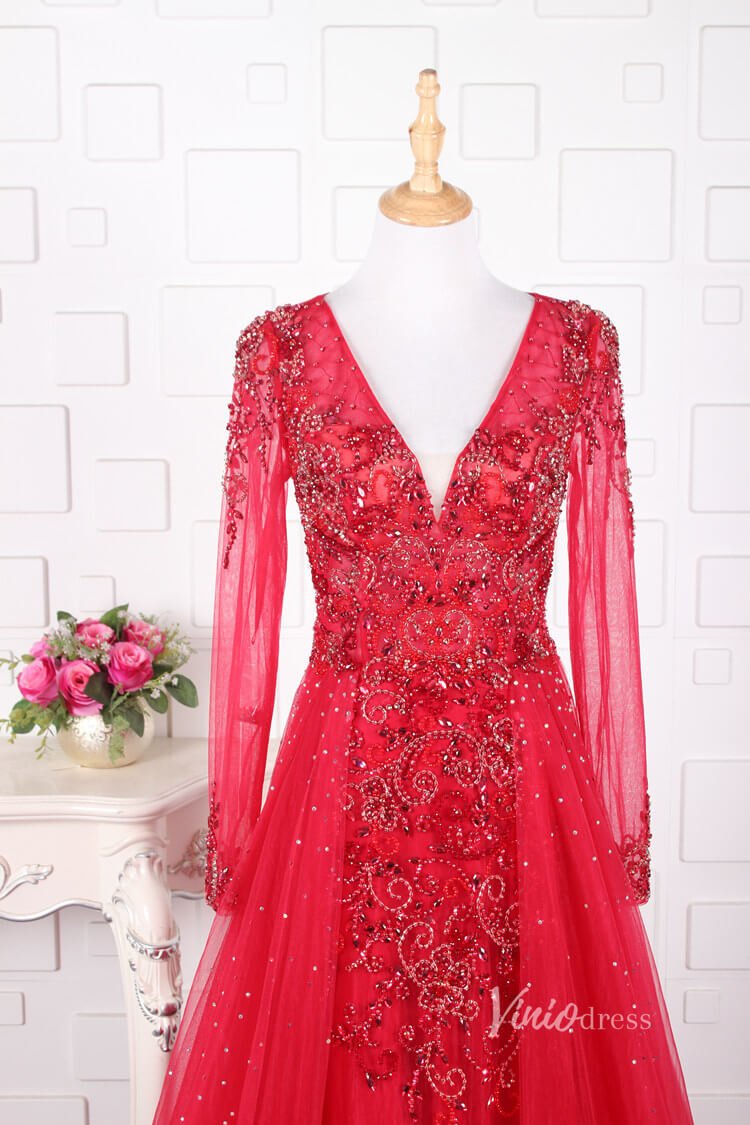 Vintage Beaded Evening Dresses Long Sleeve Overskirt Formal Dress FD2671-Evening Dresses 2025 -Viniodress-Pink-US 2-