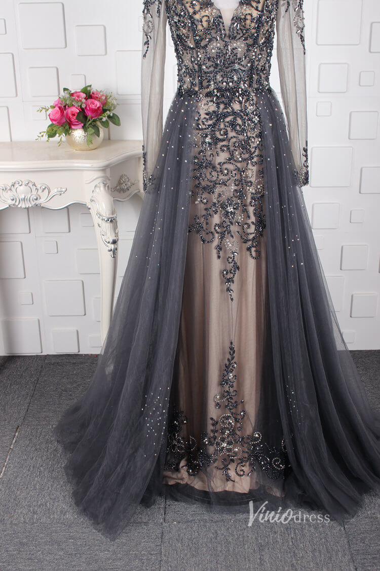Vintage Beaded Evening Dresses Long Sleeve Overskirt Formal Dress FD2671-Evening Dresses 2025 -Viniodress-Pink-US 2-