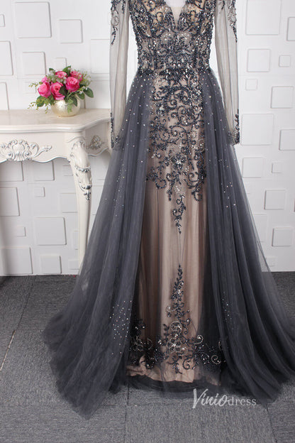 Vintage Beaded Evening Dresses Long Sleeve Overskirt Formal Dress FD2671-Evening Dresses 2025 -Viniodress-Pink-US 2-