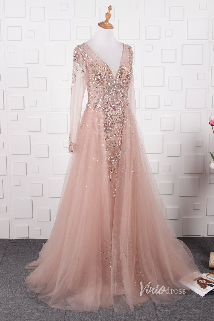 Vintage Beaded Evening Dresses Long Sleeve Overskirt Formal Dress FD2671-Evening Dresses 2025 -Viniodress-Pink-US 2-