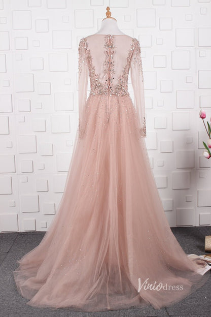 Vintage Beaded Evening Dresses Long Sleeve Overskirt Formal Dress FD2671-Evening Dresses 2025 -Viniodress-Pink-US 2-