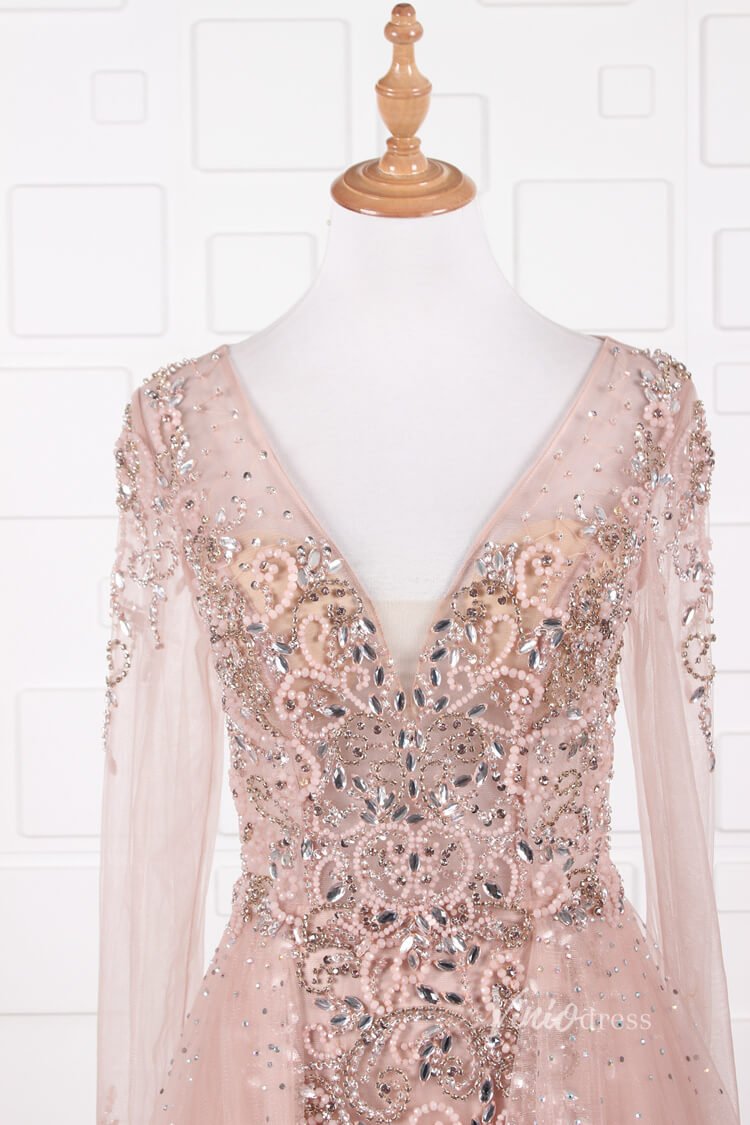 Vintage Beaded Evening Dresses Long Sleeve Overskirt Formal Dress FD2671-Evening Dresses 2025 -Viniodress-Pink-US 2-