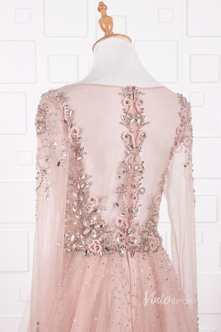 Vintage Beaded Evening Dresses Long Sleeve Overskirt Formal Dress FD2671-Evening Dresses 2025 -Viniodress-Pink-US 2-